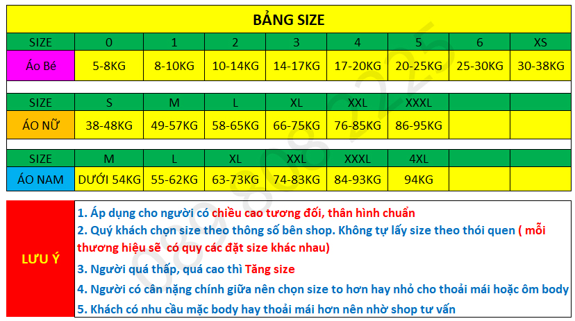bảng size áo gia đình