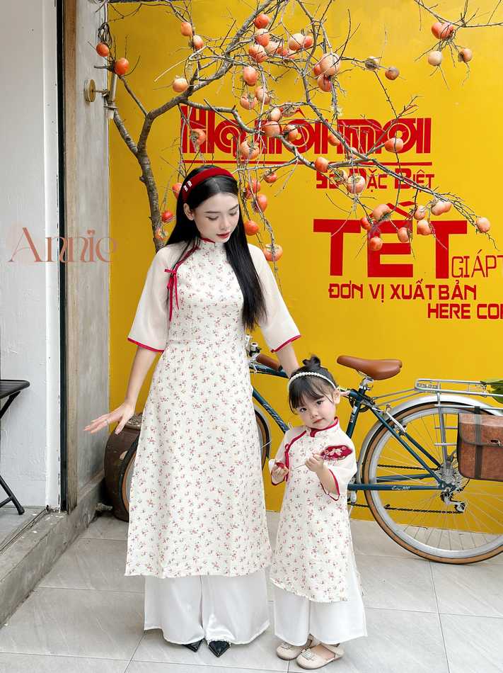 Áo dài mẹ và bé gái Tết 2024 Anniebaby áo dài truyền thống size đại đến 60kg cổ tàu chất xốp hoa mềm mịn  AD23011