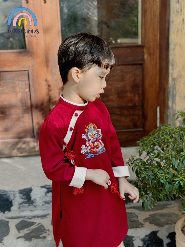 Áo dài cho bé trai size đại 40kg Magickids áo dài Tết 2024 truyền thống thêu rồng kèm dây khánh chất text nhung AD23023_thumbnail_2