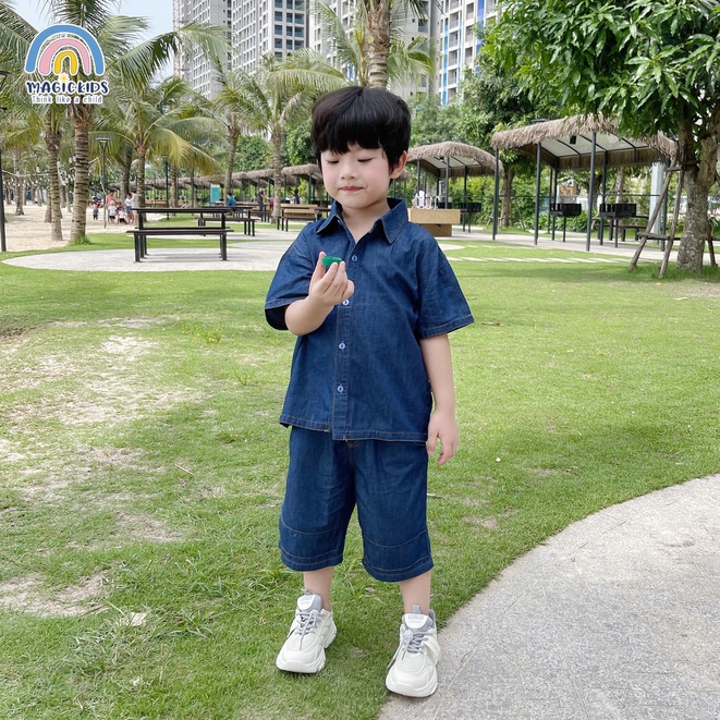 Bộ đồ size đại cho bé trai từ 20-48kg áo sơ mi quần đùi chất jeans giấy form rộng Magickids Quần áo trẻ em BR22014