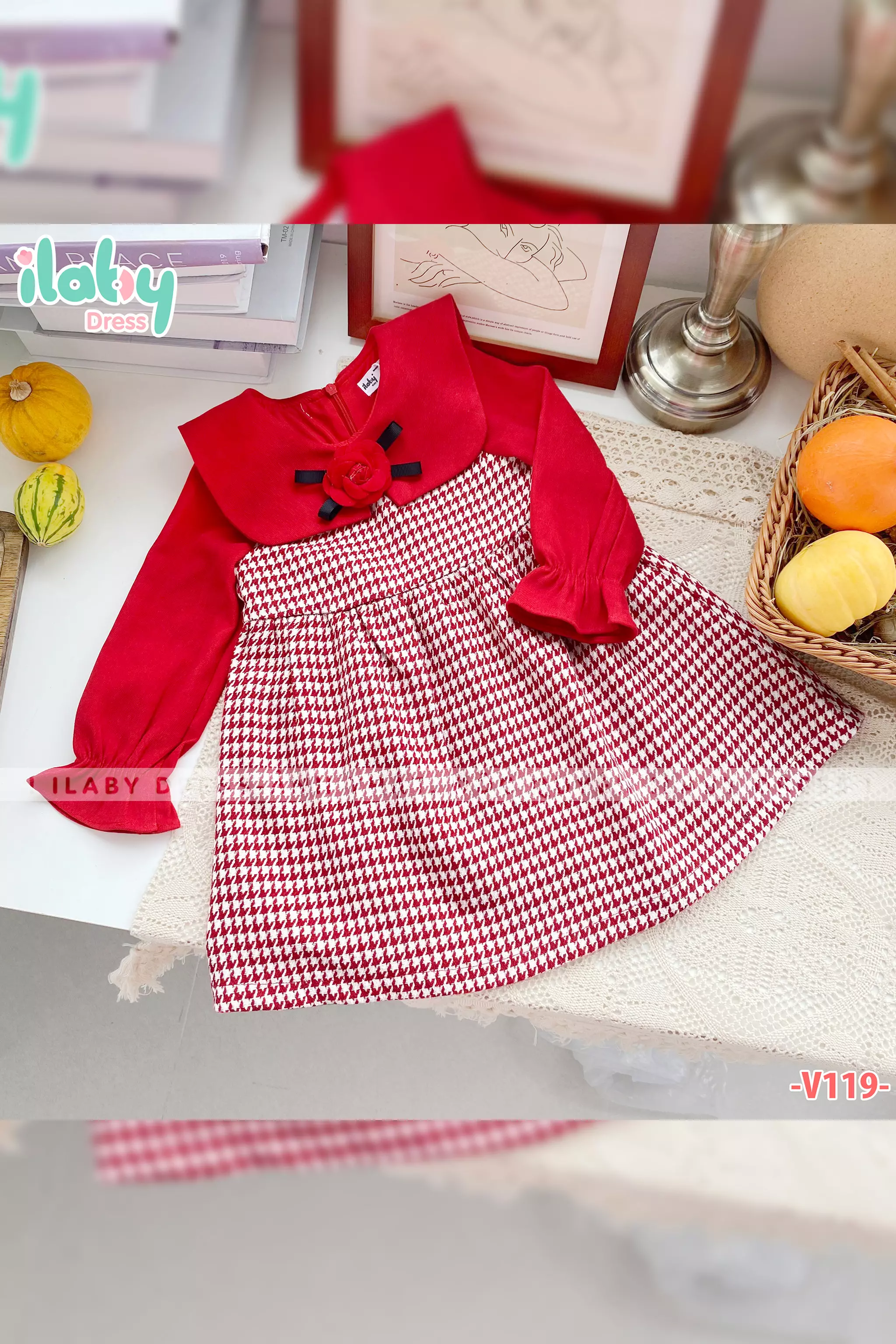 váy nhung đỏ phối dạ kẻ cài hoa_thumbnail_3