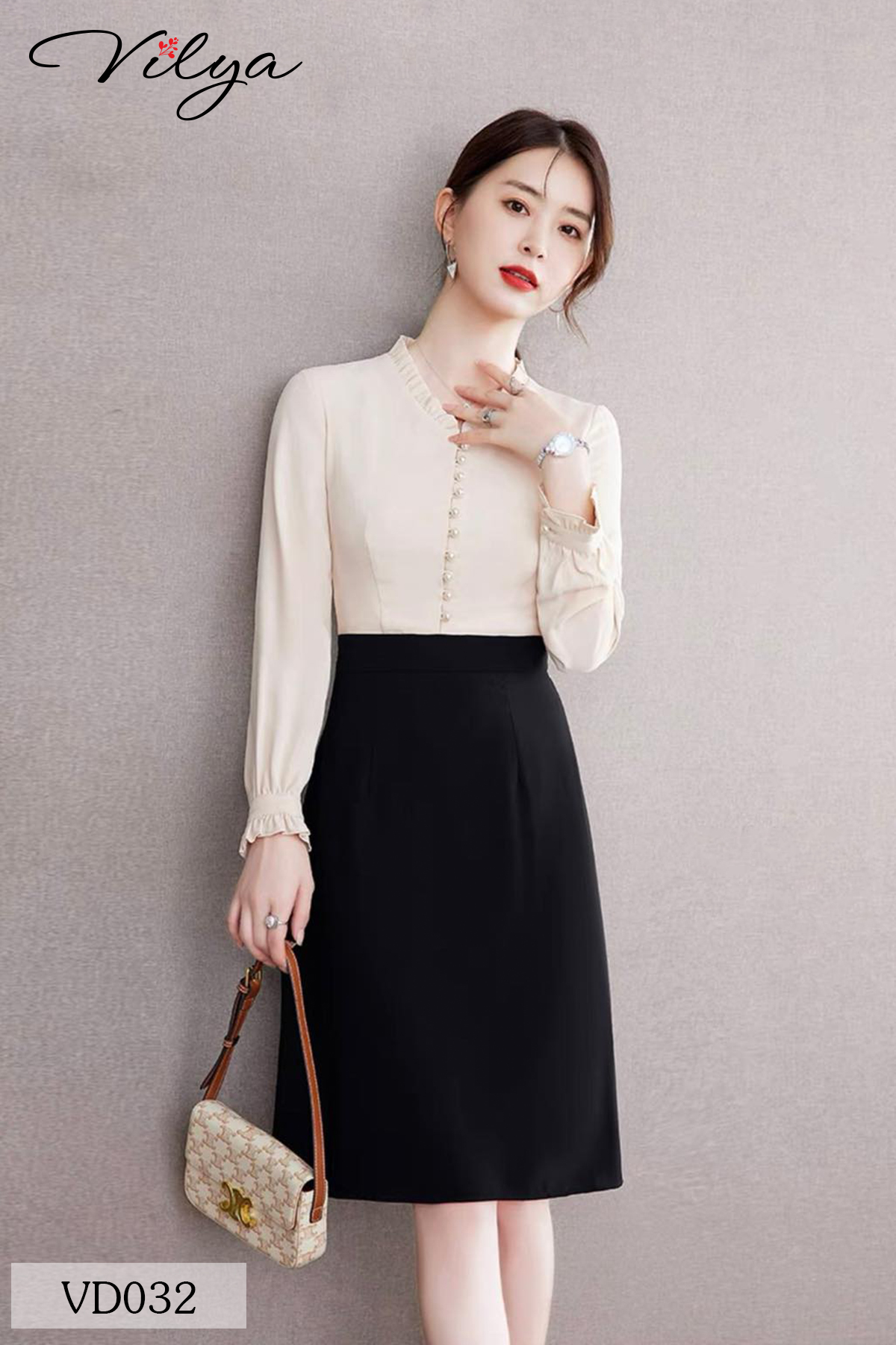 Đầm công sở VILYA dáng xòe A tay dài cúc trai VD032_thumbnail_1
