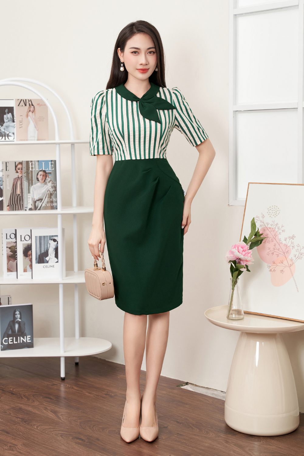 đầm kẻ xanh phối chân ôm xanh xếp 1 màu_thumbnail_2