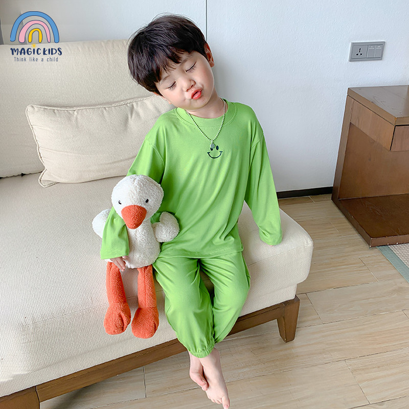 Đồ bộ dài tay bé trai bé gái Magickids Áo thun in mặt cười quần dài chất cotton co giãn Đồ ngủ trẻ em  BR22031