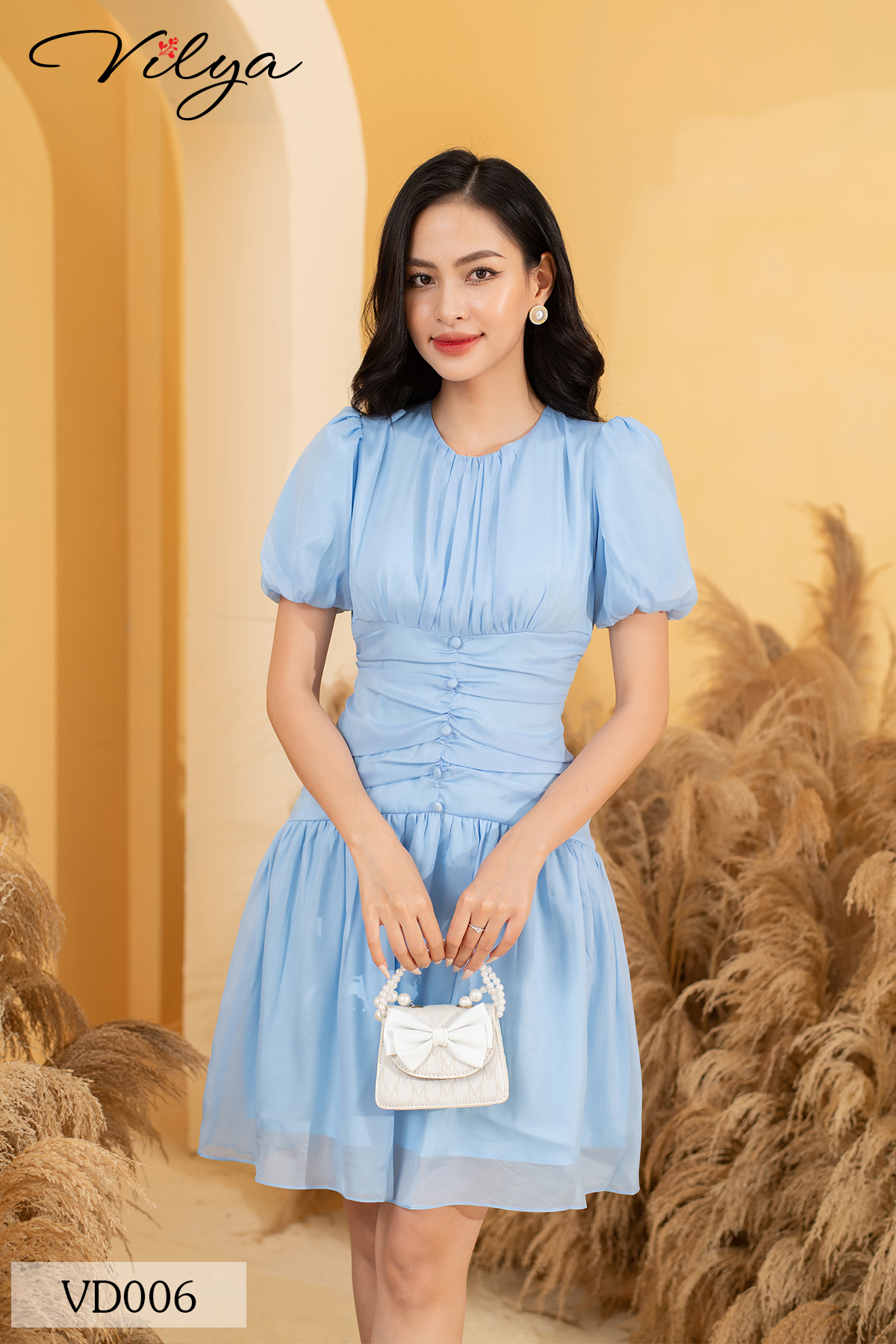 Đầm công sở VILYA dáng xòe tơ nhúm tay bồng VD006