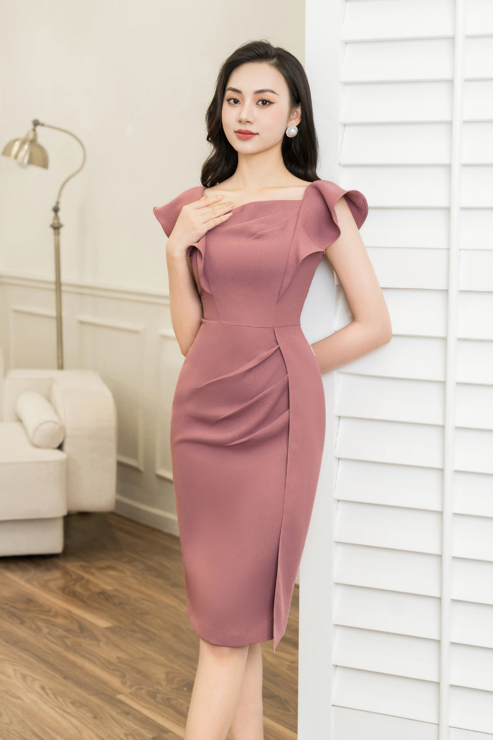 Đầm ôm tím xếp ly 1 bên chân_thumbnail_0