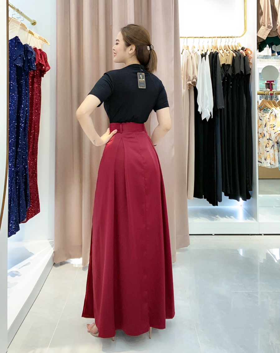 Chân váy lụa eo cao xẻ tà
