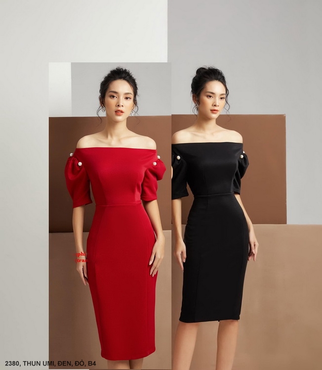 ĐẦM TAY NGẮN CỔ NGANG VAI EO THẮT - 2380