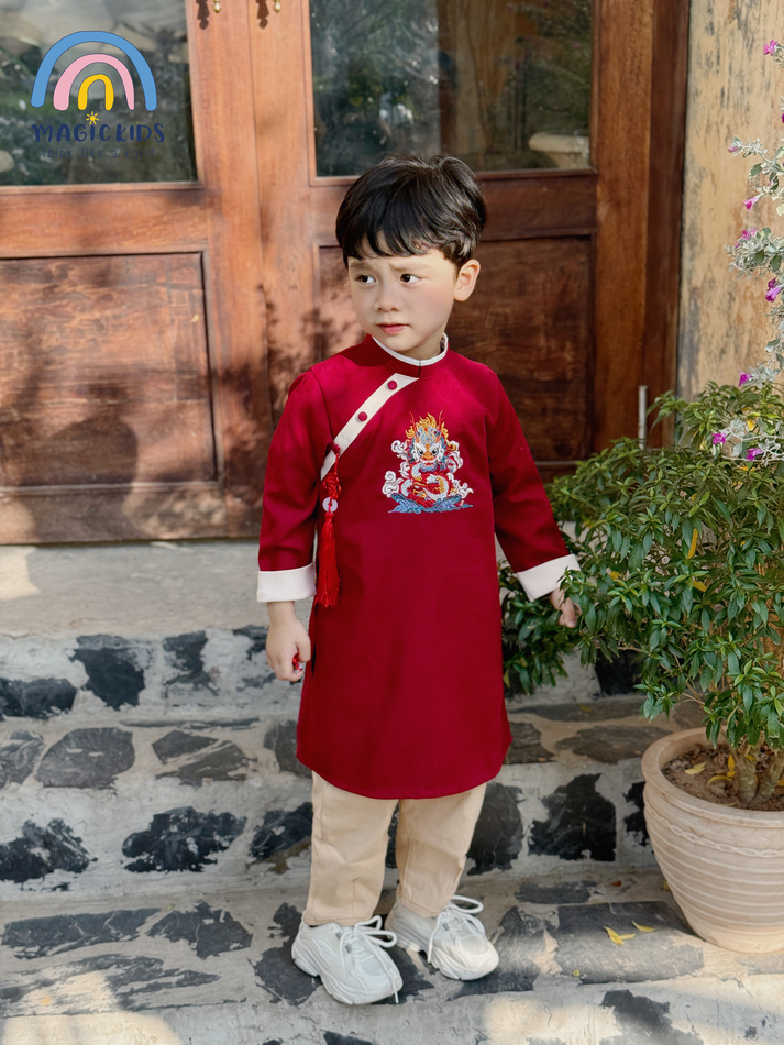 Áo dài cho bé trai size đại 40kg Magickids áo dài Tết 2024 truyền thống thêu rồng kèm dây khánh chất text nhung AD23023
