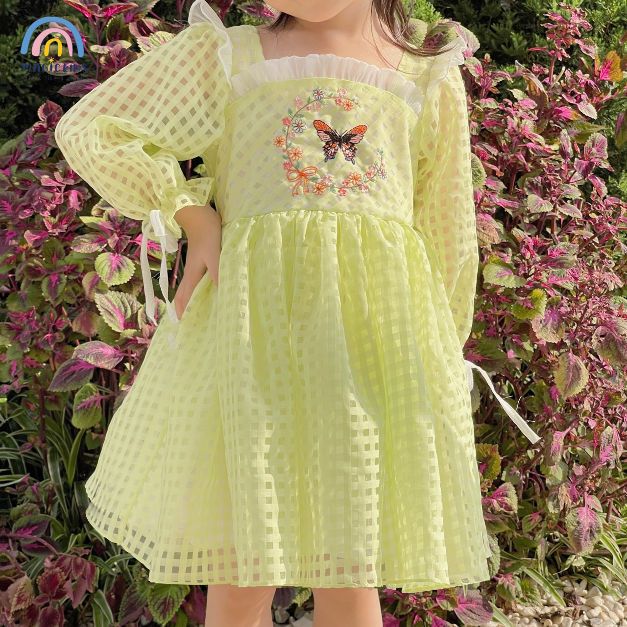 Váy đầm công chúa bé gái 1 2 3 4 5 6 7 tuổi Magickids dáng xòe tay bồng chất liệu ren cao cấp thêu hồ điệp VA22004_thumbnail_5