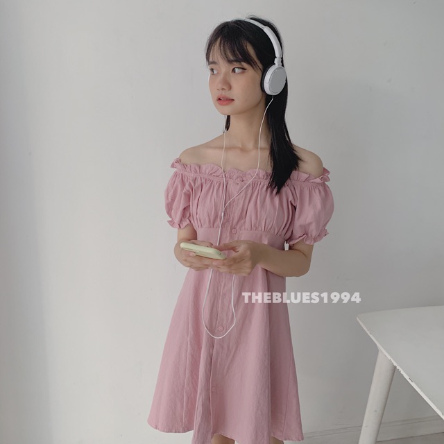 Váy Babydoll Đũi Cổ Nhún Bèo Trễ 