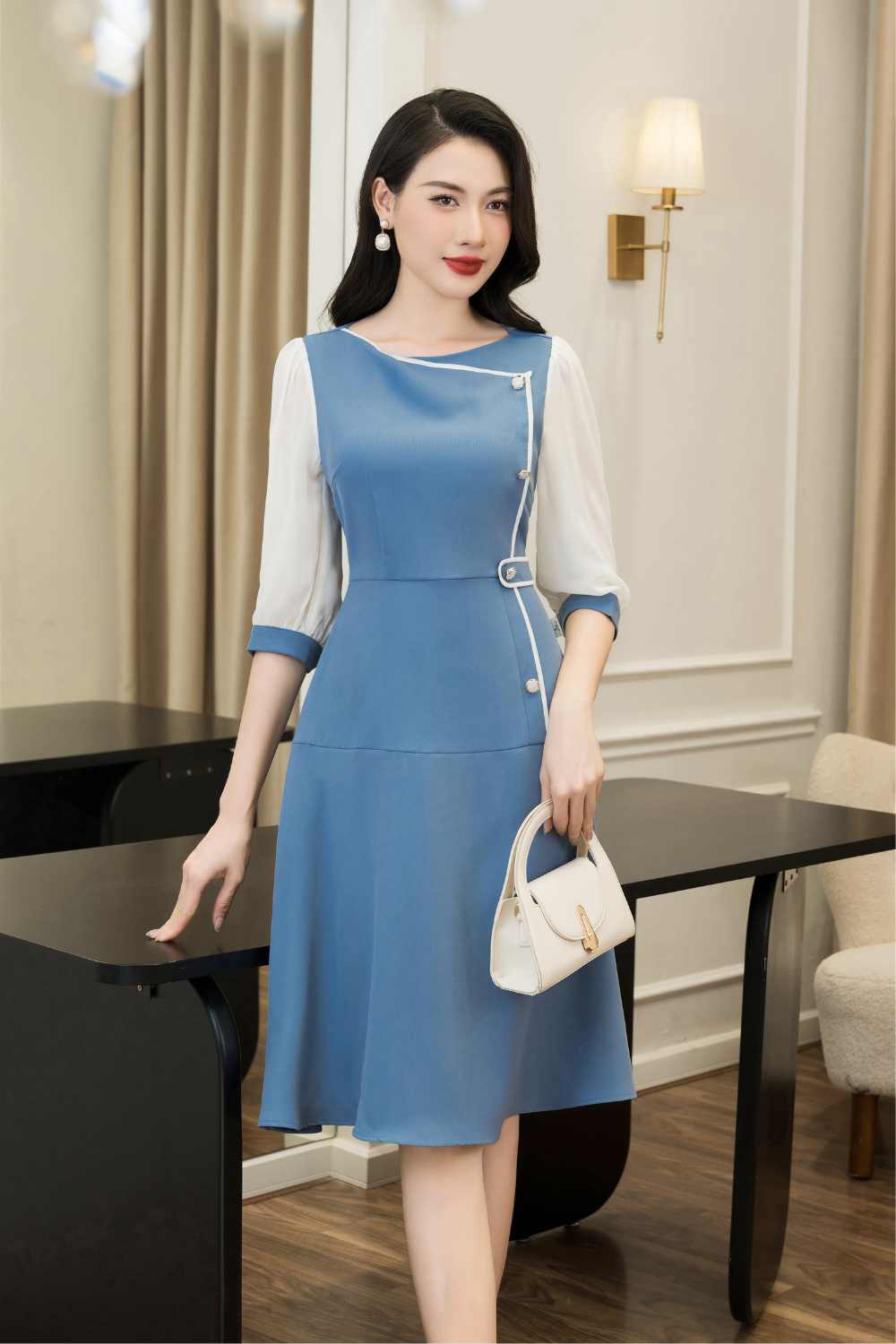 Đầm xòe 1 màu xanh phối tay voan trắng