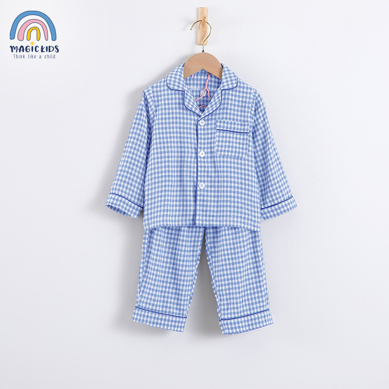 Đồ bộ dài tay pijama bé trai, bé gái Magickids kẻ caro dễ thương chất kẻ xốp Hàn Quốc Đồ ngủ mẫu mới 2022 BR22028