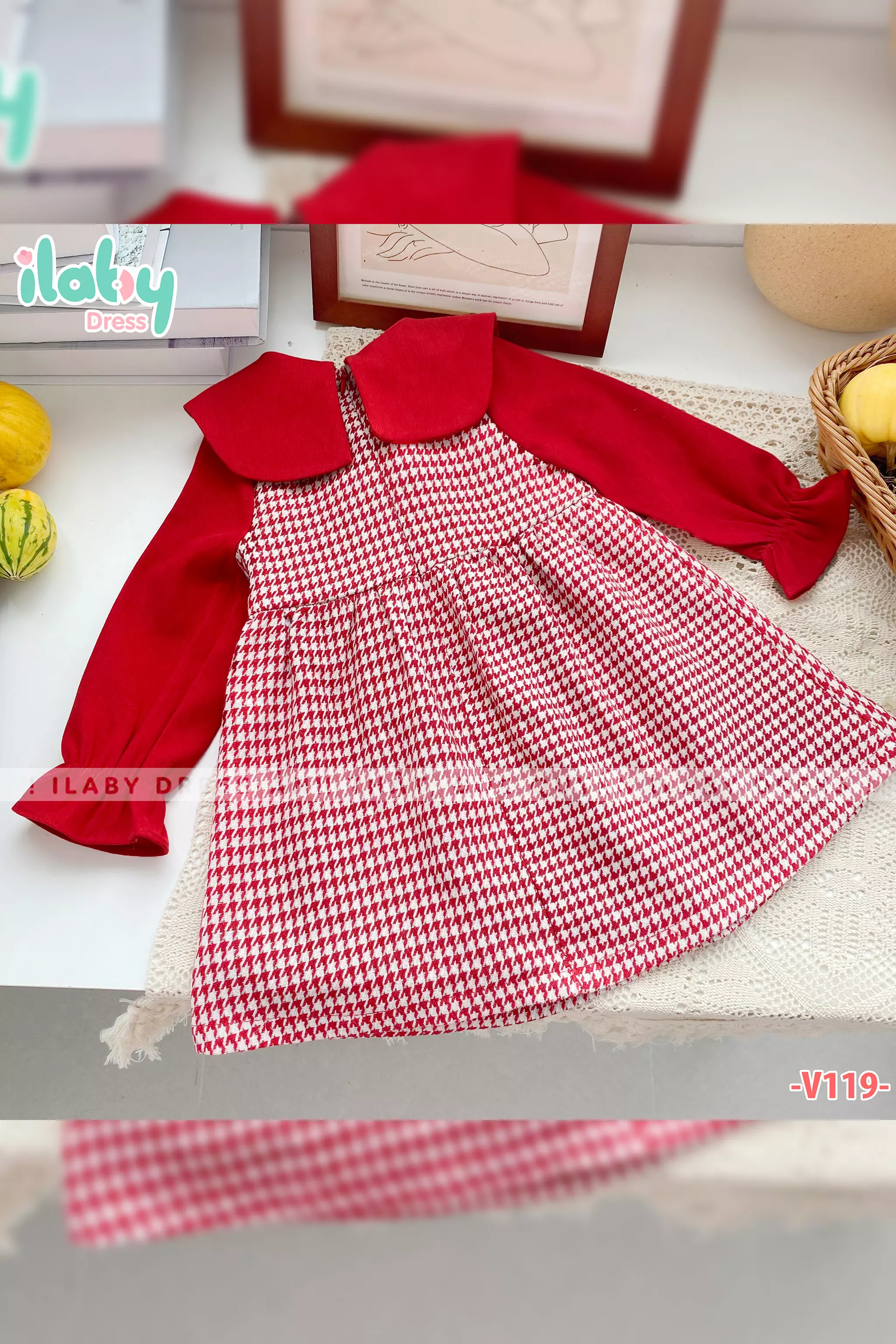 váy nhung đỏ phối dạ kẻ cài hoa_thumbnail_2