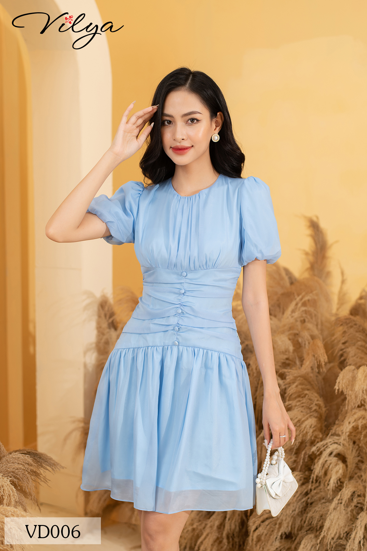 Đầm công sở VILYA dáng xòe tơ nhúm tay bồng VD006_thumbnail_5
