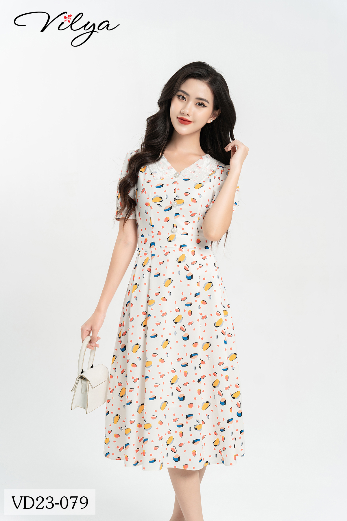 Đầm xòe trắng họa tiết VILYA phối cổ lá ren VD23-079_thumbnail_1