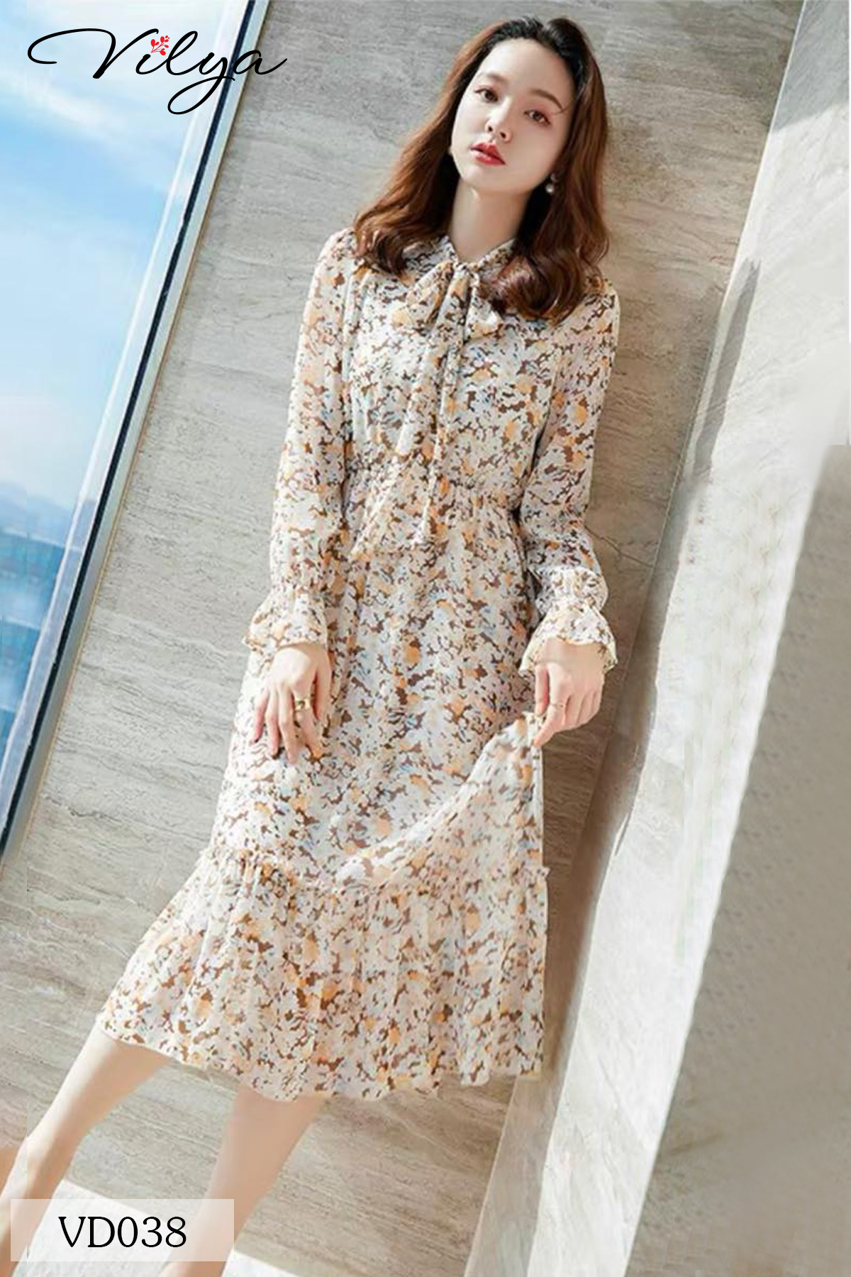 Đầm hoa nhí be VILYA tay dài cổ nơ đuôi cá VD038_thumbnail_2