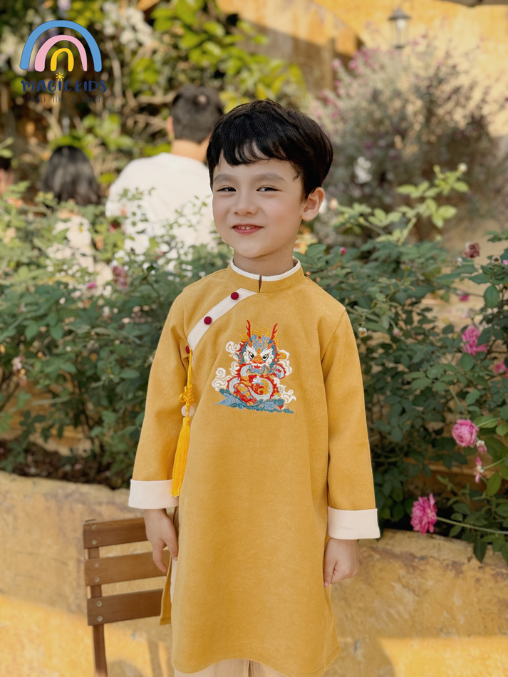 Áo dài cho bé trai size đại 40kg Magickids áo dài Tết 2024 truyền thống thêu rồng kèm dây khánh chất text nhung AD23023_thumbnail_5