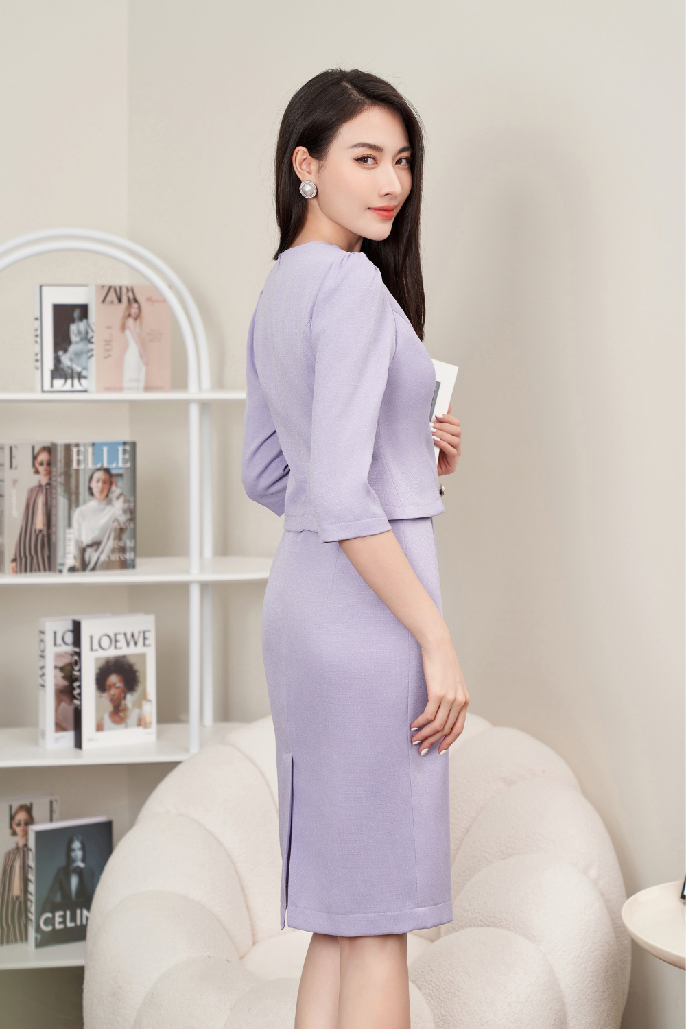 Đầm ôm dai tím 1 màu giả sét cổ sen
