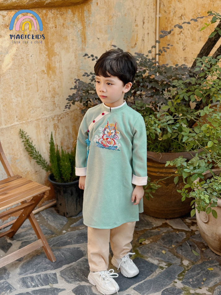 Áo dài cho bé trai size đại 40kg Magickids áo dài Tết 2024 truyền thống thêu rồng kèm dây khánh chất text nhung AD23023_thumbnail_6