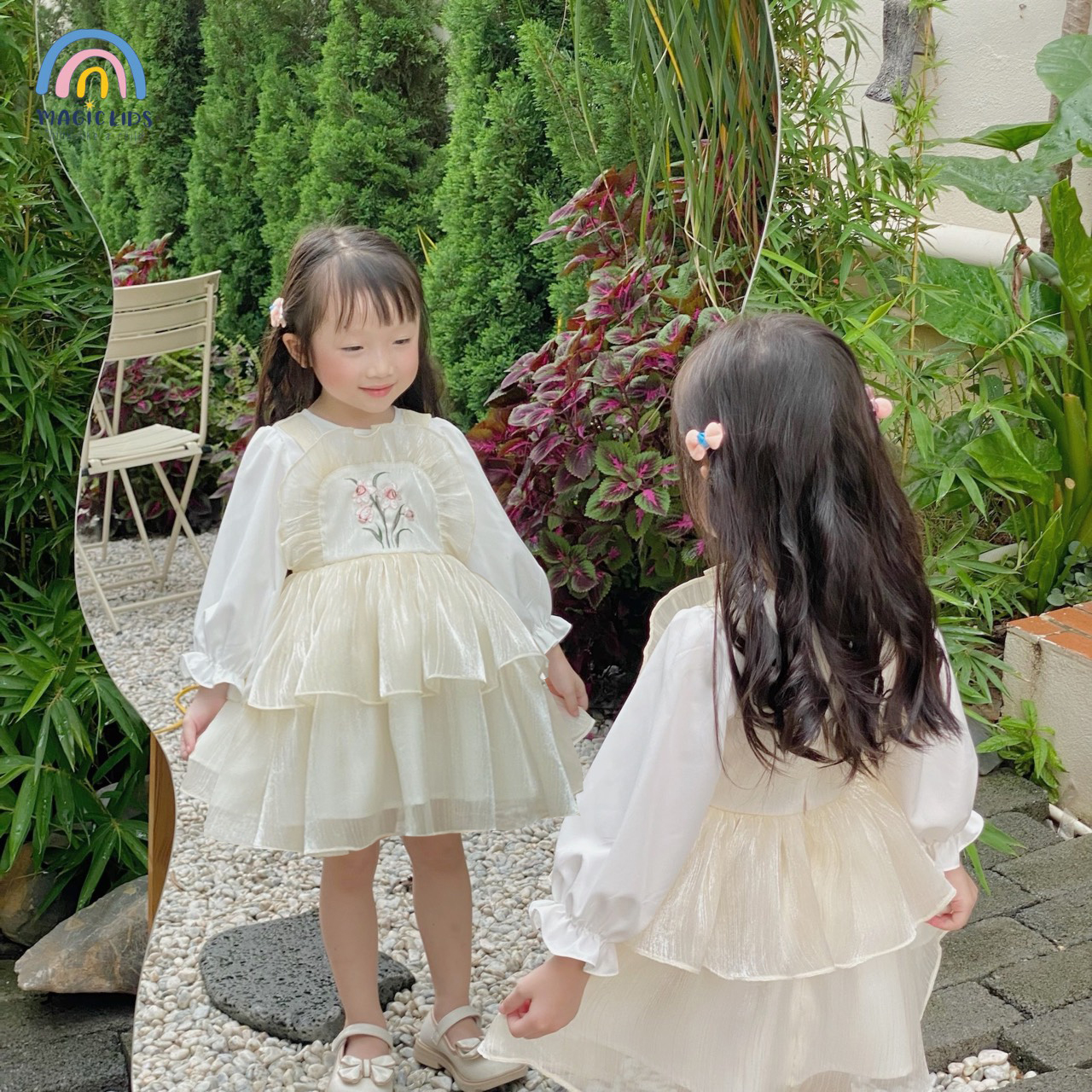 Váy đầm công chúa bé gái Magickids dáng xòe tay phồng chất voan cao cấp thêu hoa mặc sự kiện, Tết VA22001_thumbnail_3