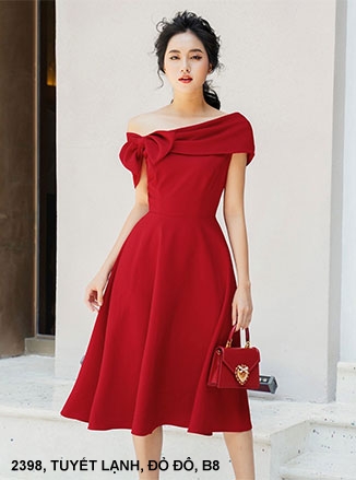 ĐẦM XÒE CỔ ĐỔ NGANG THẮT NƠ - 2398