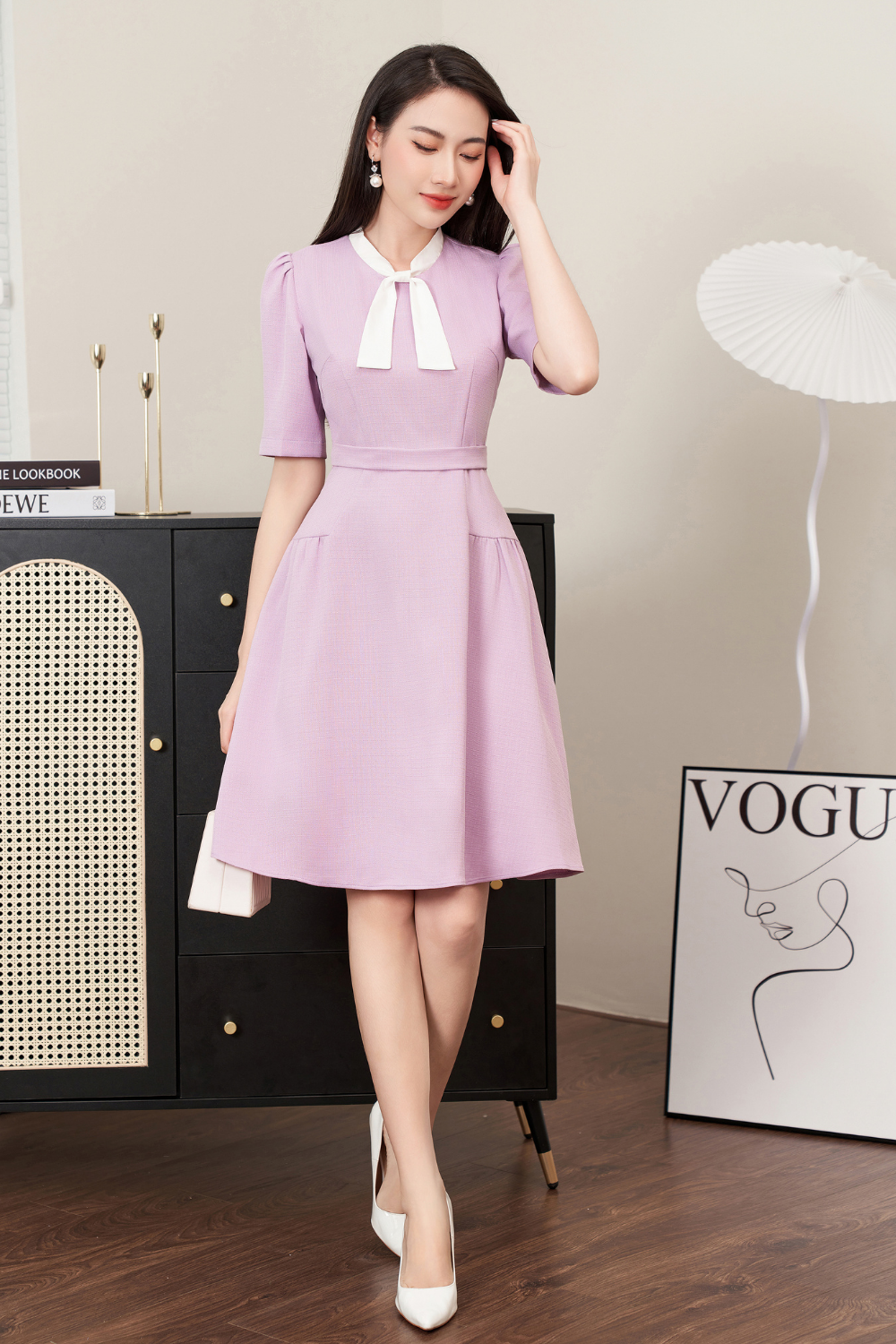 Đầm xòe dạ tím 1 màu tweed  trắng cổ thắng nơ_thumbnail_2