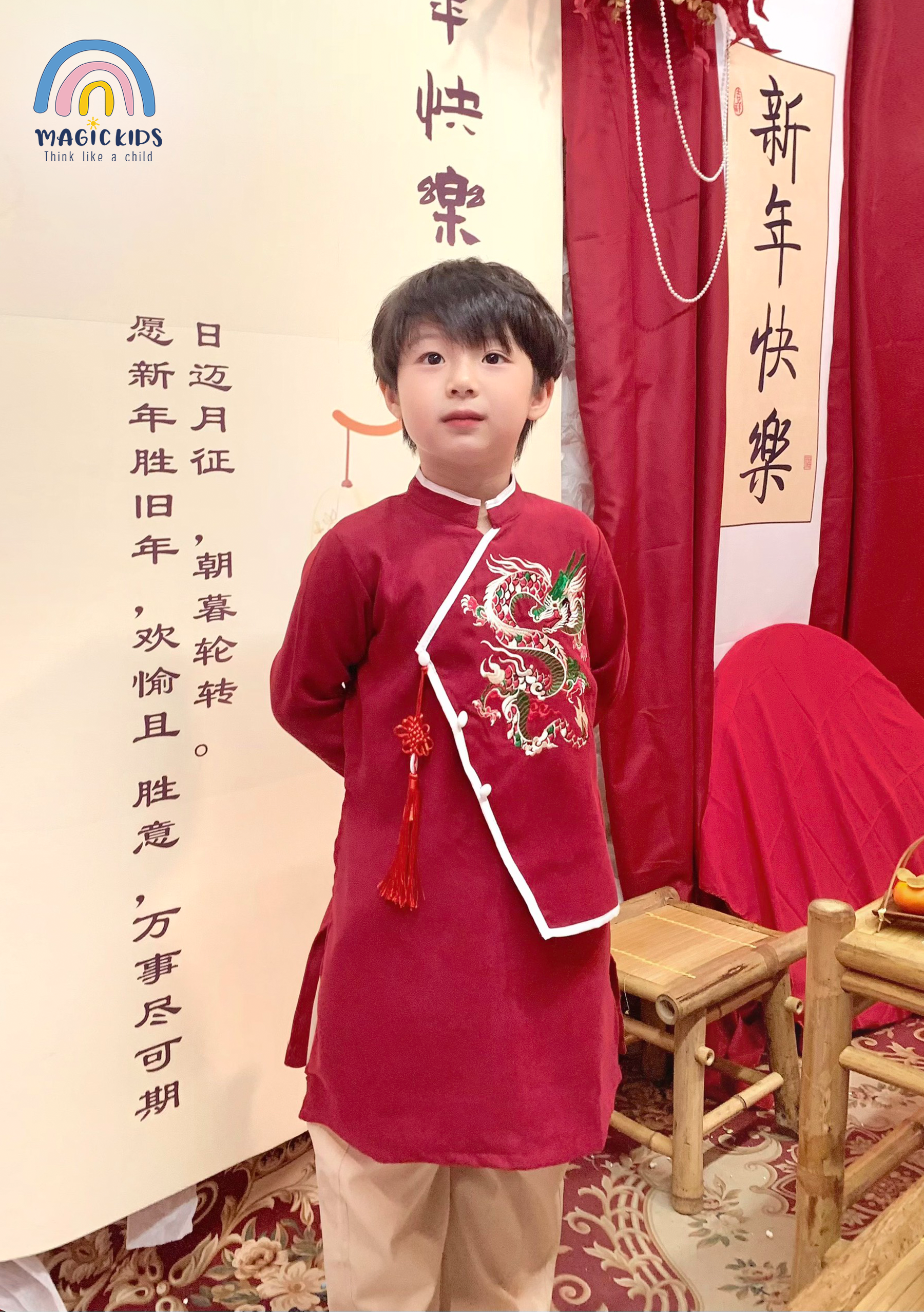 Áo dài bé trai size đại 40kg Magickids áo dài Tết 2024 thêu rồng chất text nhung mềm mịn cho bé từ 12-35kg AD23019
