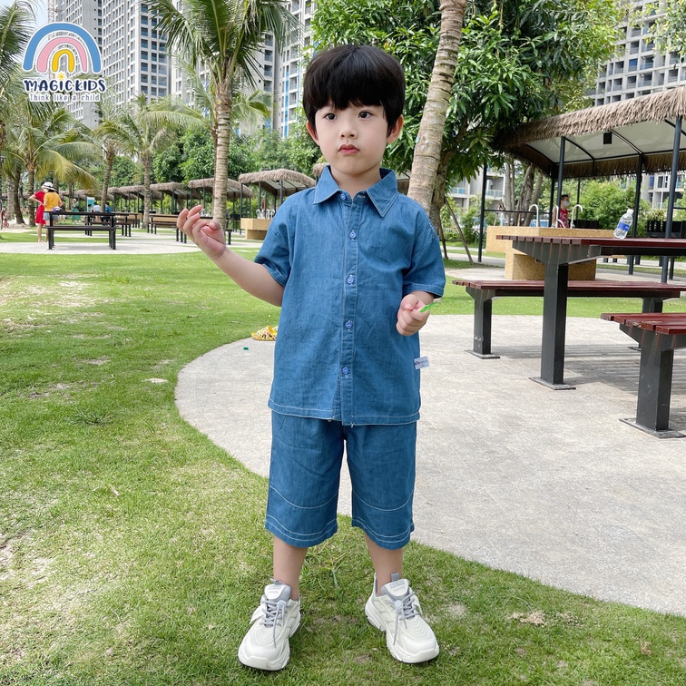 Bộ đồ size đại cho bé trai từ 20-48kg áo sơ mi quần đùi chất jeans giấy form rộng Magickids Quần áo trẻ em BR22014