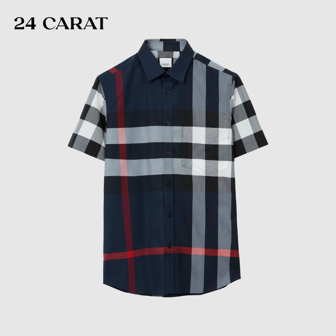 Áo Sơ mi Nam Burberry Short-sleeve Check Stretch Cotton Poplin Shirt Navy