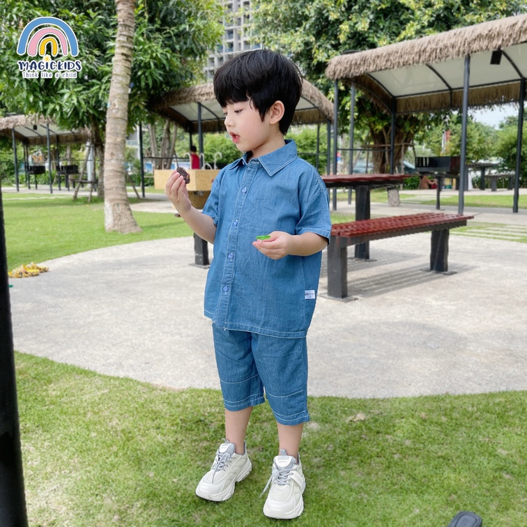 Bộ đồ size đại cho bé trai từ 20-48kg áo sơ mi quần đùi chất jeans giấy form rộng Magickids Quần áo trẻ em BR22014