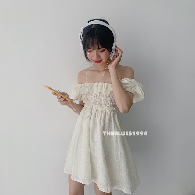 Váy Babydoll Thô Đũi Thêu In Chìm Hoa Cúc