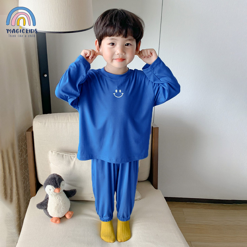 Đồ bộ dài tay bé trai bé gái Magickids Áo thun in mặt cười quần dài chất cotton co giãn Đồ ngủ trẻ em  BR22031