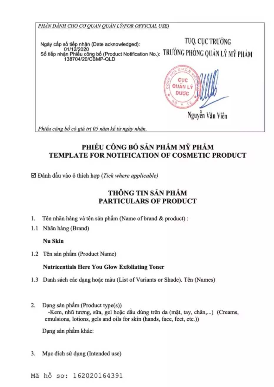 Nước Cân Bằng Da Dầu/ Da Hỗn Hợp Nutricentials Here You Glow Exfoliating Toner