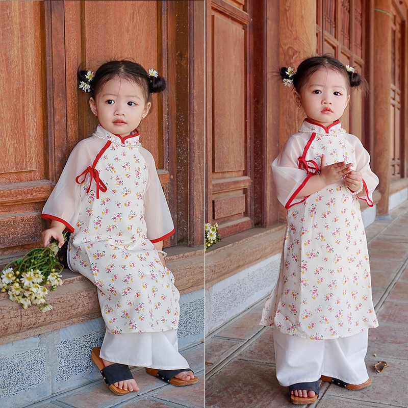 Áo dài cho bé gái dáng cách tân Anniebaby áo dài đôi mẹ và bé mặc Tết in hoa nhí Quần áo trẻ em AD23012