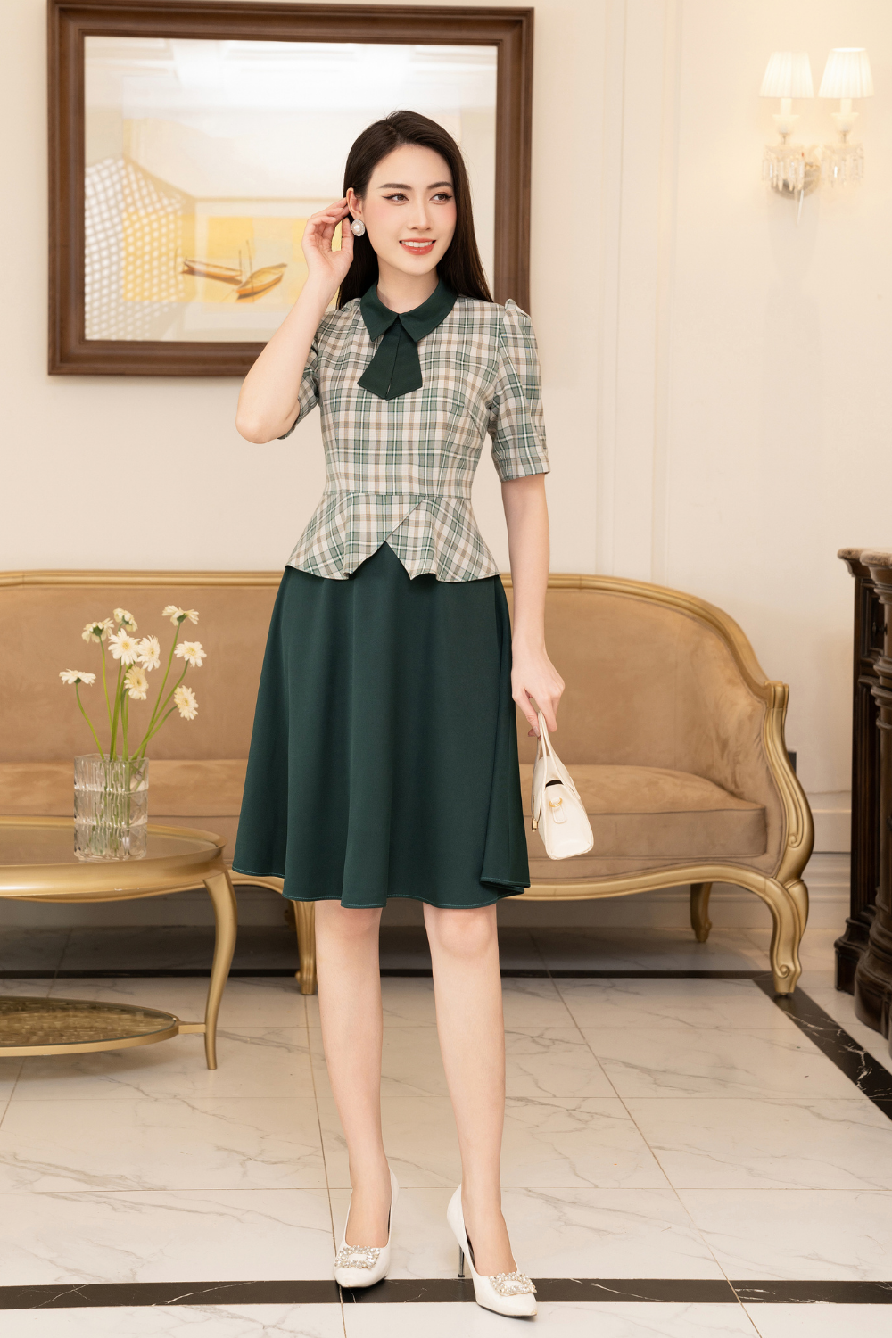 Đầm kẻ xanh phối chân xòe xanh 1 màu_thumbnail_2