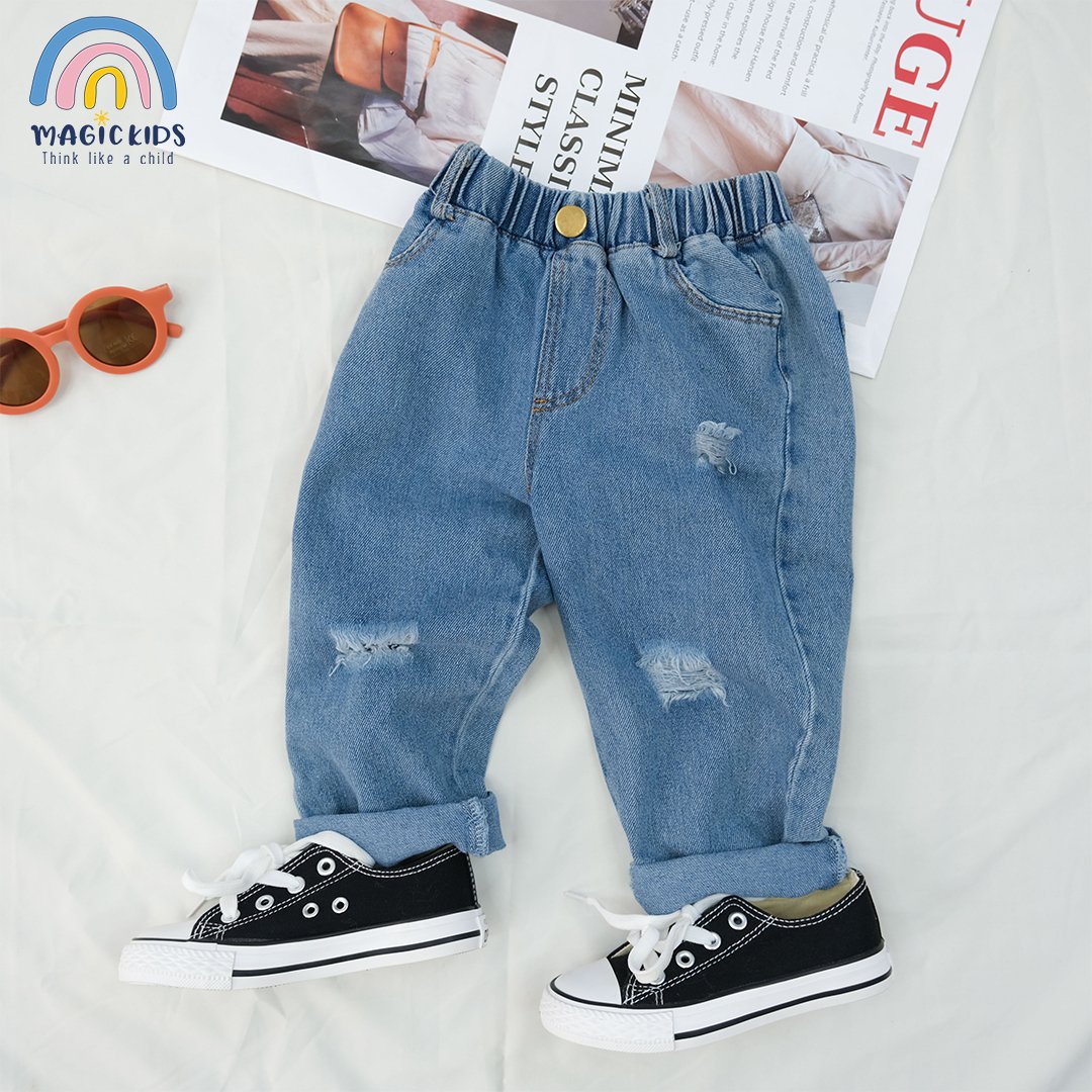 Quần dài bé trai 1 2 3 4 5 6 7 8 9 tuổi chất jean Magickids dáng baggy form rộng Quần áo trẻ em đi học đi chơi QD22019