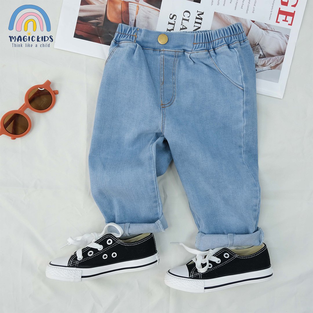 Quần dài bé trai 1 2 3 4 5 6 7 8 9 tuổi chất jean Magickids dáng baggy form rộng Quần áo trẻ em đi học đi chơi QD22019