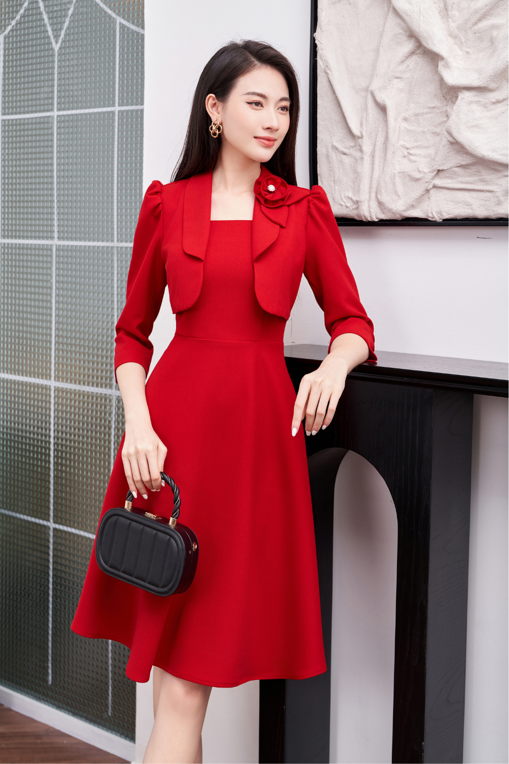Đầm xòe đỏ giả vét cổ bẻ_thumbnail_0