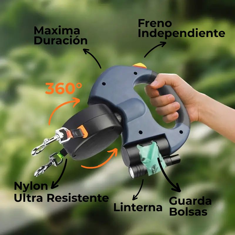 DualPaw™ correa doble retráctil con linterna y compartimiento de bolsas