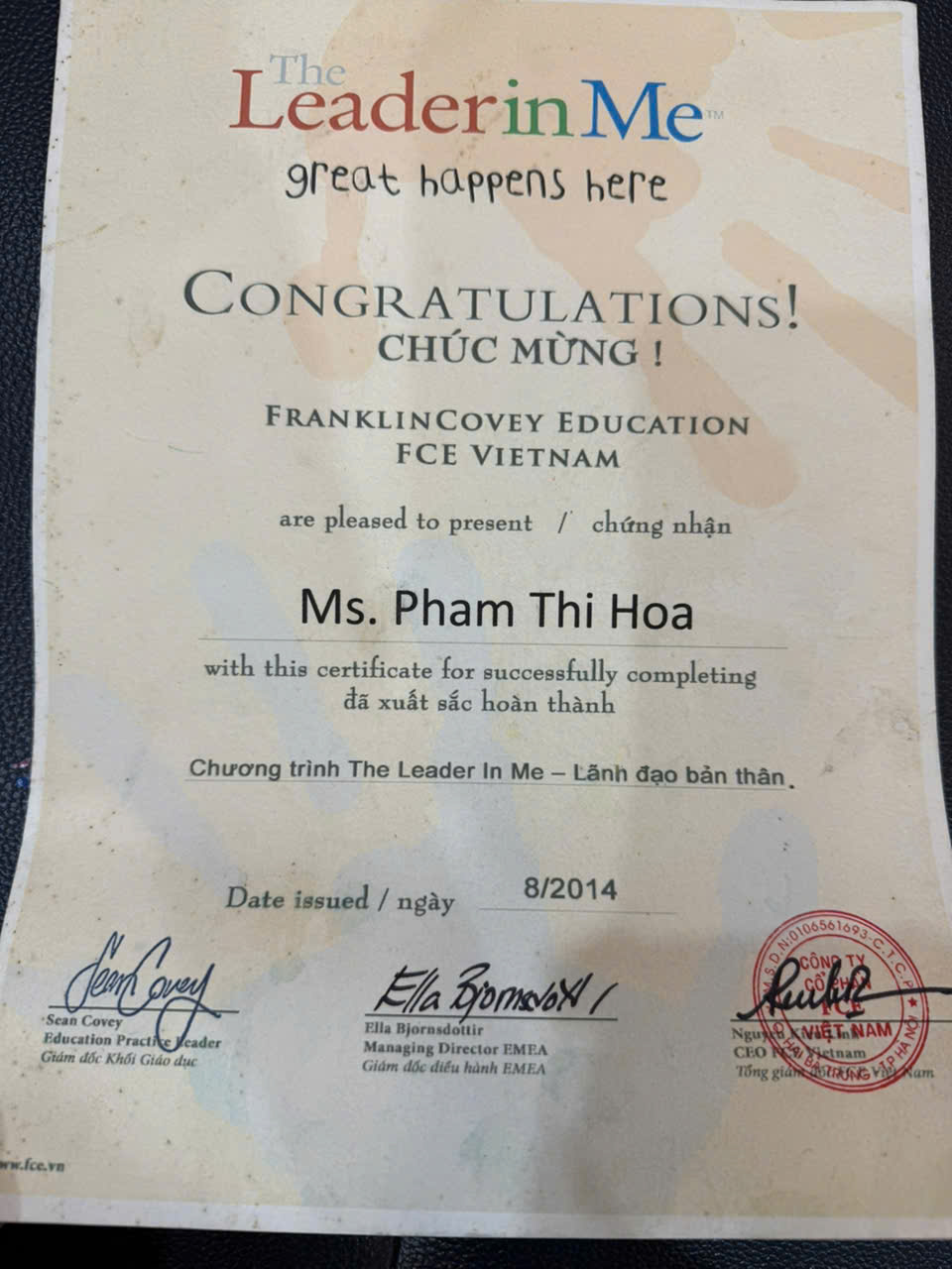 Chứng nhận The Leader In Me - Lãnh đạo bản thân