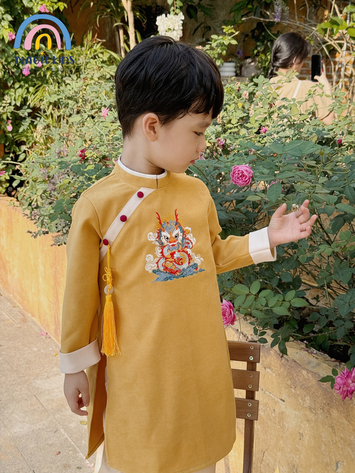 Áo dài cho bé trai size đại 40kg Magickids áo dài Tết 2024 truyền thống thêu rồng kèm dây khánh chất text nhung AD23023_thumbnail_4