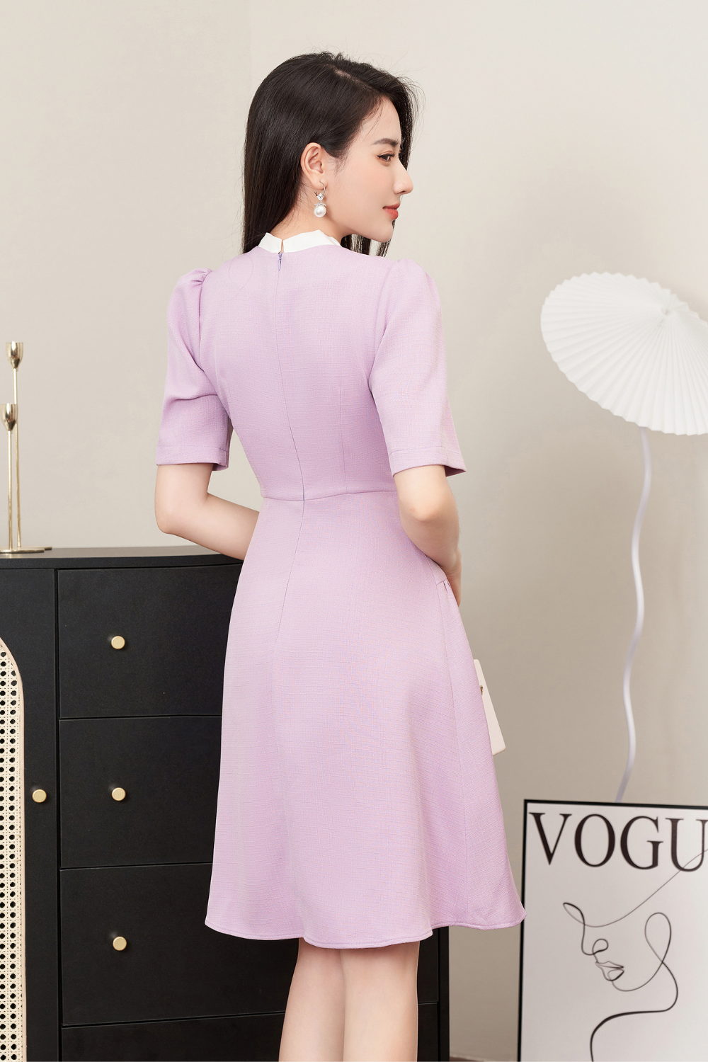 Đầm xòe dạ tím 1 màu tweed  trắng cổ thắng nơ