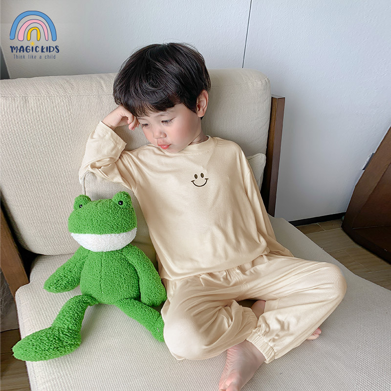 Đồ bộ dài tay bé trai bé gái Magickids Áo thun in mặt cười quần dài chất cotton co giãn Đồ ngủ trẻ em  BR22031