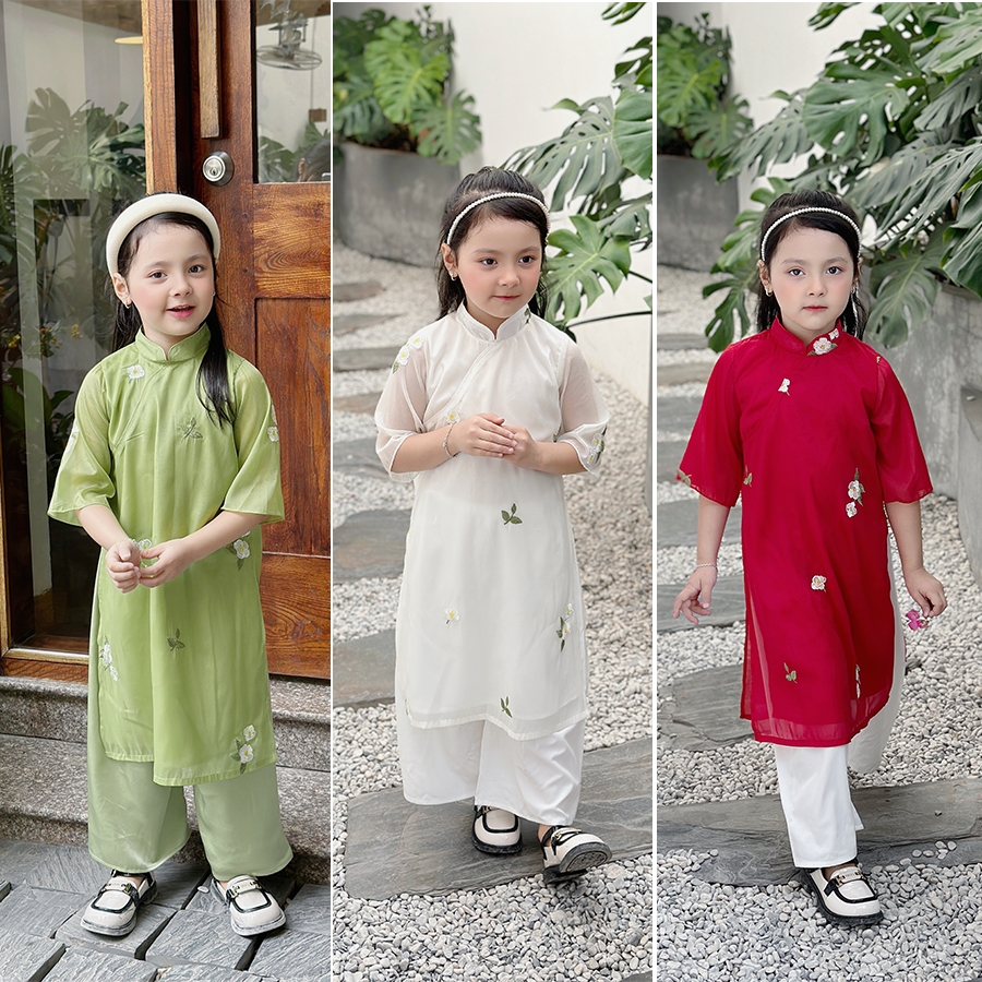 Áo dài voan tơ cho bé gái thêu hoa Magickids áo dài Tết truyền thống 4 tà cho bé từ 10 đến 36kg Quần áo trẻ em AD23029