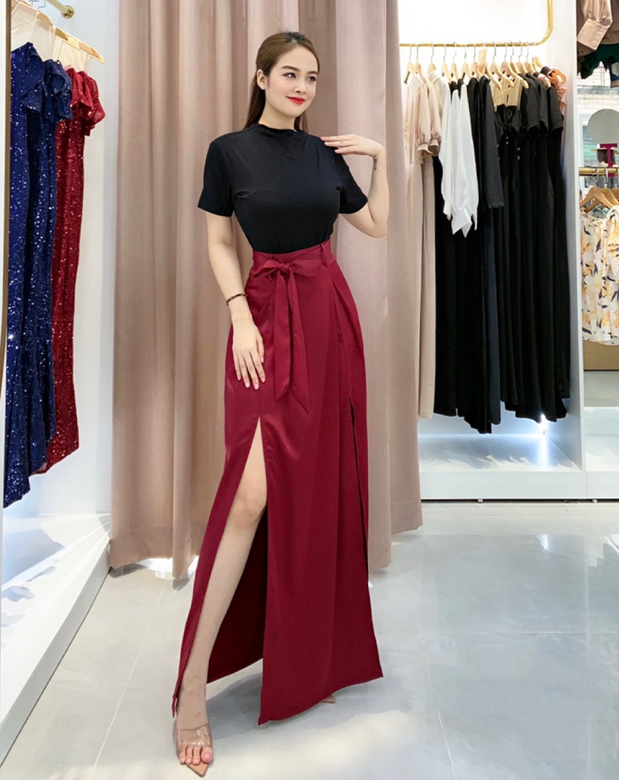 Chân váy lụa eo cao xẻ tà