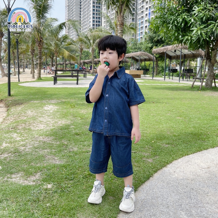 Bộ đồ size đại cho bé trai từ 20-48kg áo sơ mi quần đùi chất jeans giấy form rộng Magickids Quần áo trẻ em BR22014