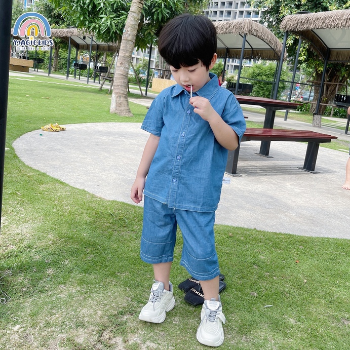 Bộ đồ size đại cho bé trai từ 20-48kg áo sơ mi quần đùi chất jeans giấy form rộng Magickids Quần áo trẻ em BR22014