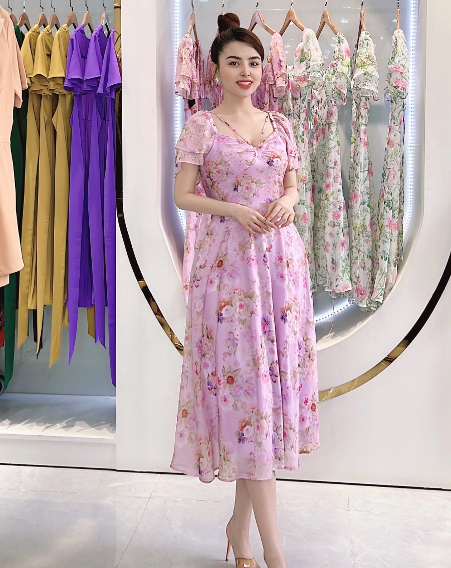 Váy hoa tay cánh tiên cổ V dây đan chéo