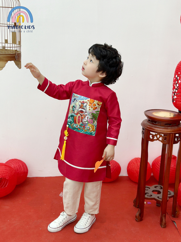 Áo dài Tết cho bé trai 2 3 4 5 6 7 8 9 10 tuổi mẫu  2024 Magickids in Lân chất taffa kèm dây treo Quần áo trẻ em AD22007_thumbnail_7